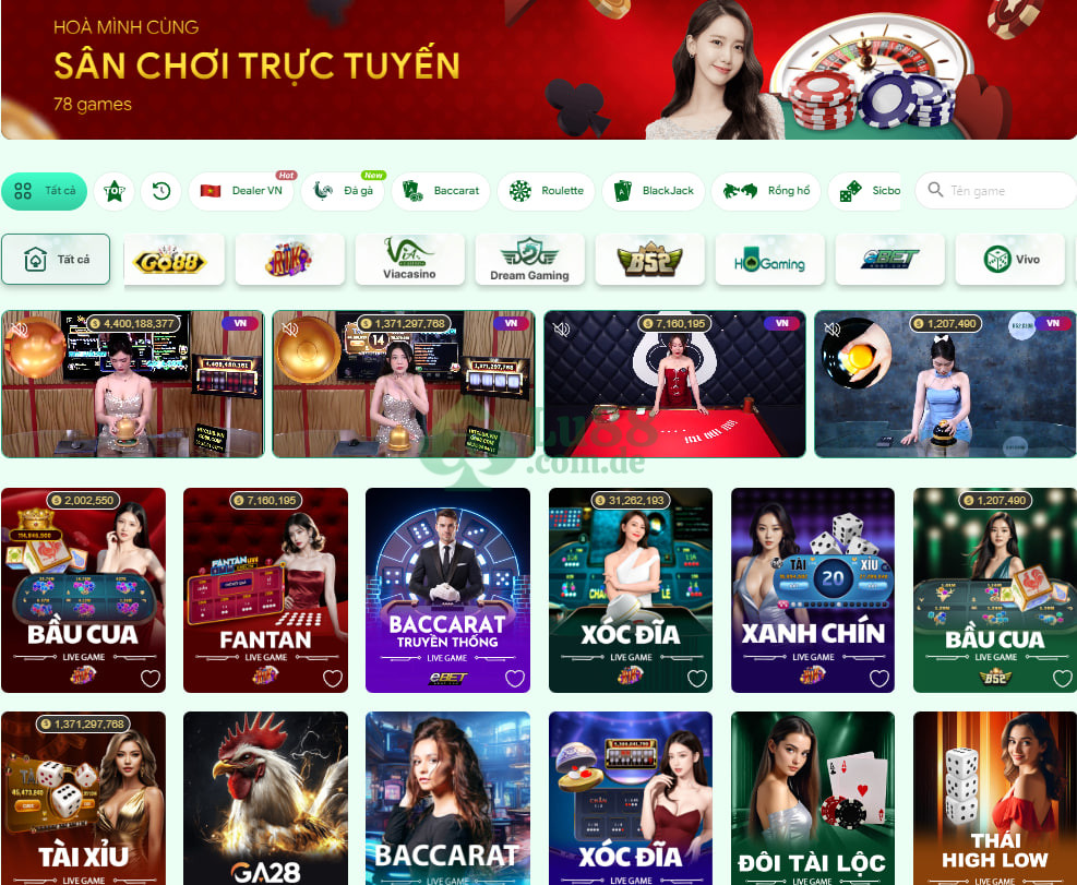 Sảnh Live Casino Lu88 có tổng cộng 78 games đến từ các nhà cung cấp như: Rikvip, Go88, B52,..